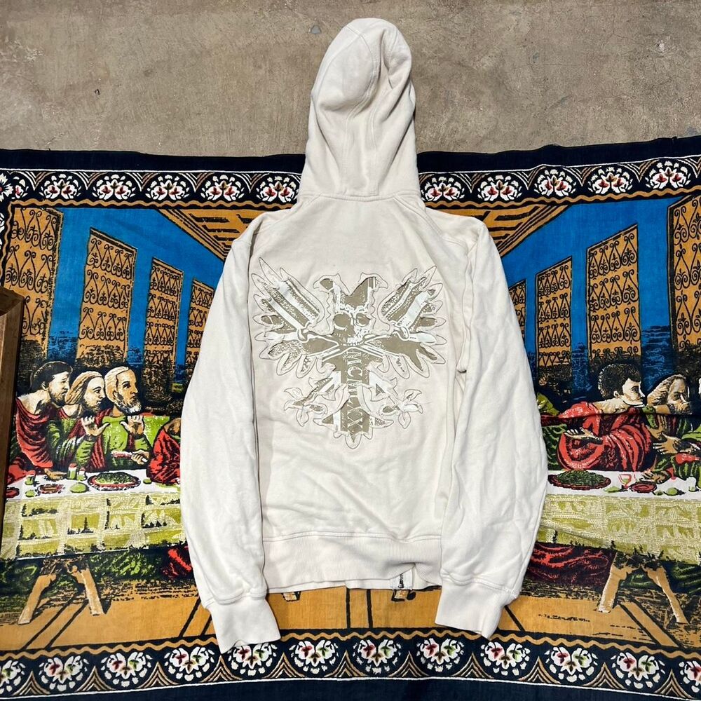 Guess affliction zip up hoodie Size large women’s cream brown punk skulls wings
